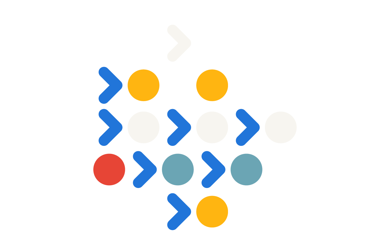 an illustration of blue, red, yellow, white and turquoise connecting dots and arrows