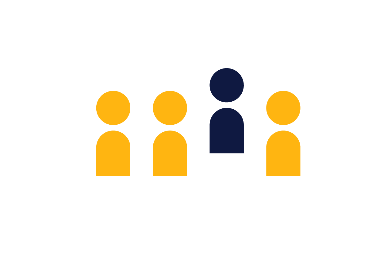 an illustration of four people with the third one coloured navy blue and standing out from the rest which are yellow