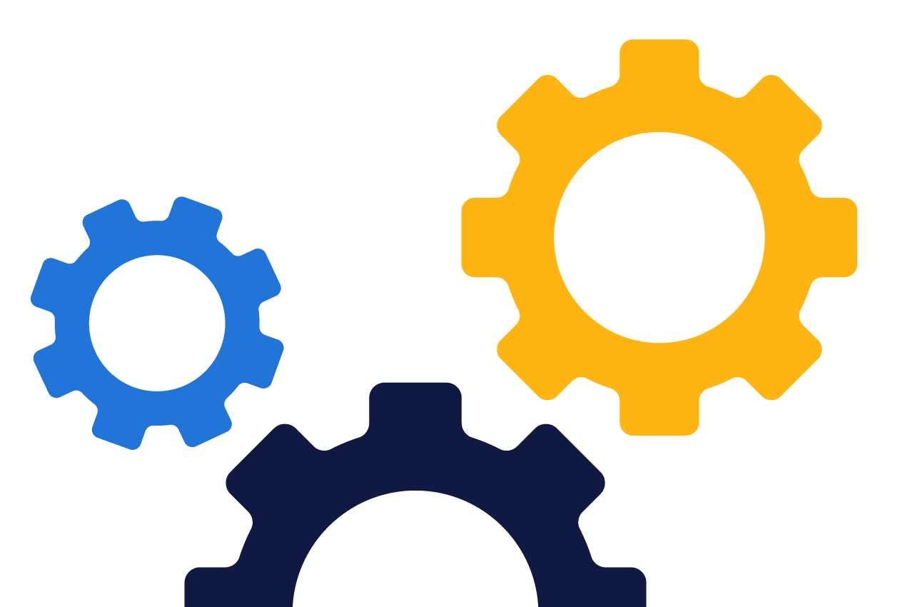 an illustration of different sized navy blue, yellow and blue engineering gears
