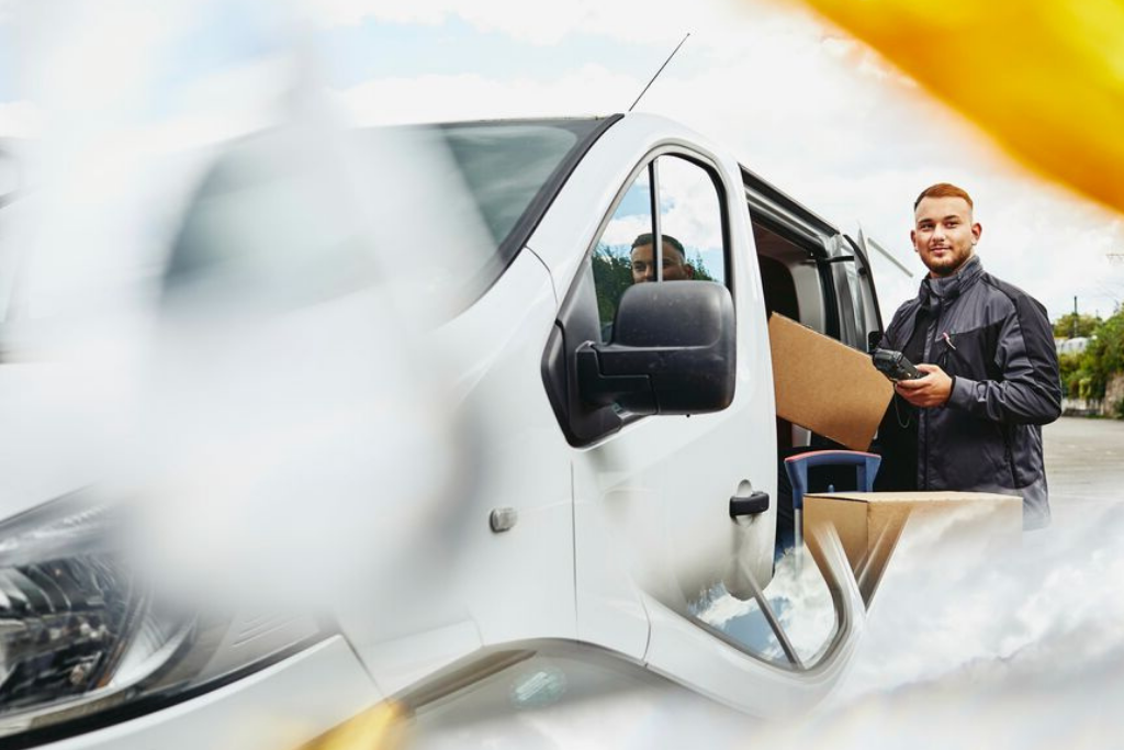 A man driving a van to deliver packages