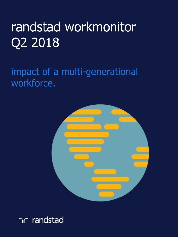an illustration of a globe with text saying, randstad workmonitor Q2 2018, imapct of a multi-generational workforce