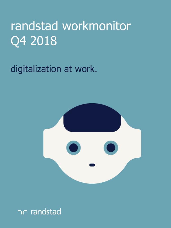 an illustration of a robot with text saying, randstad workmonitor Q4 2018, digitalization at work