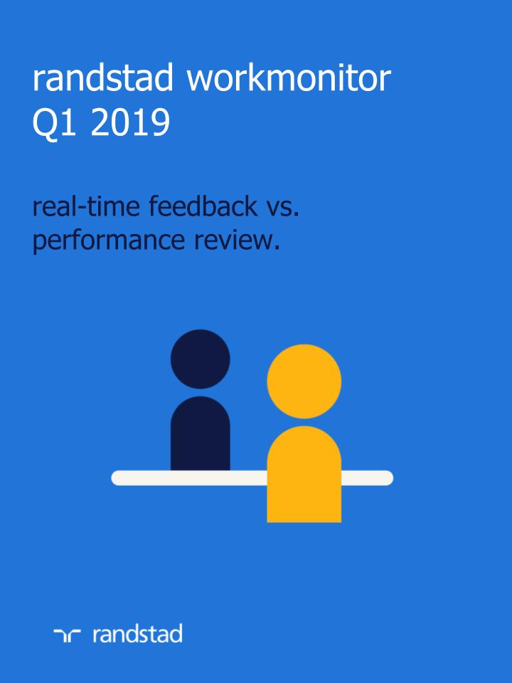 an illustration of two people talking over the counter with text saying randstad workmonitor Q1 2019, real-time feedback vs. performance review