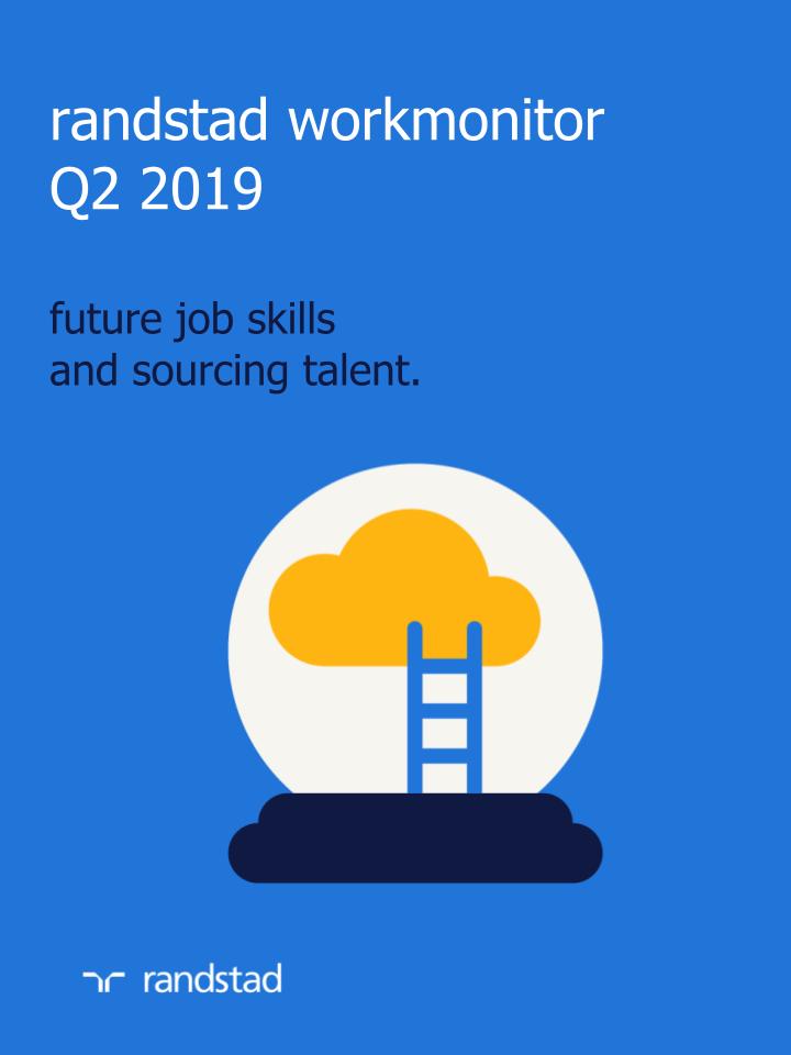 an illustration of a yellow cloud in a white circle with a blue ladder and navy platformrandstad workmonitor Q2 2019, future job skills and sourcing talent