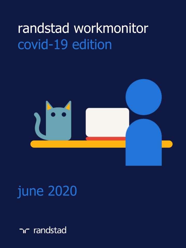 an illustration of a person with a cat and laptop on top of the table with text saying, randstad workmonitor covid-19 edition, june 2020