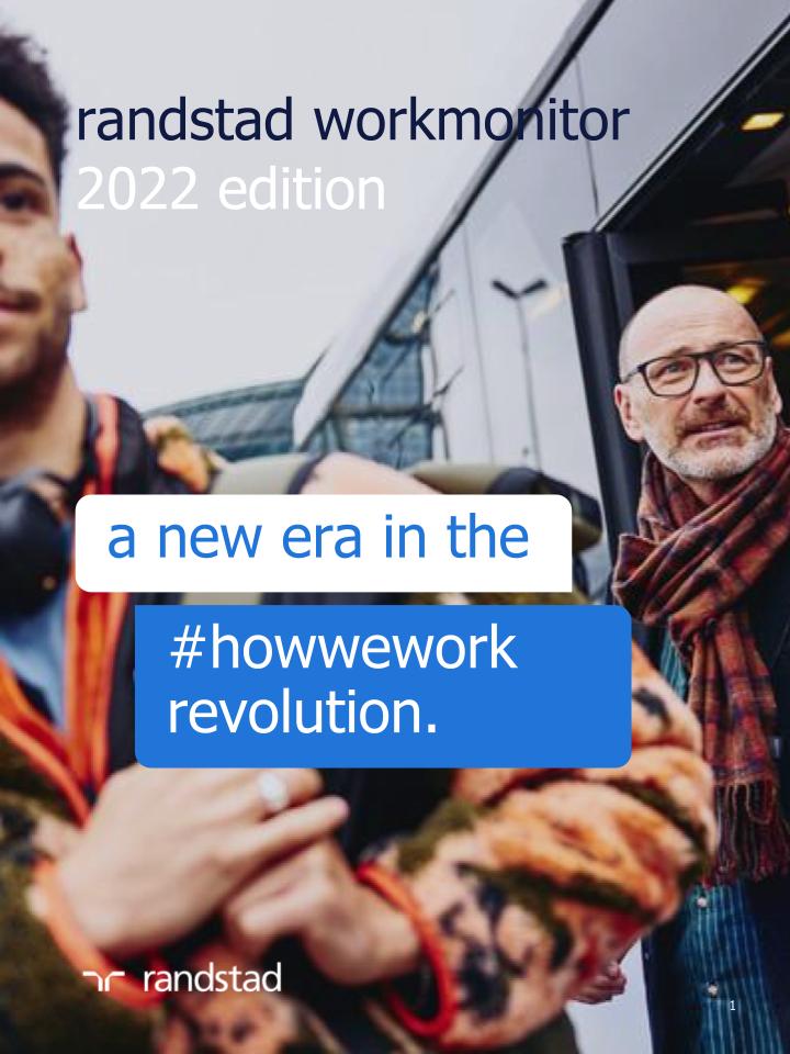 an image of a young and older man getting off the bus in the background with text saying randstad workmonitor 2022 edition, a new era in the #howwework revolution