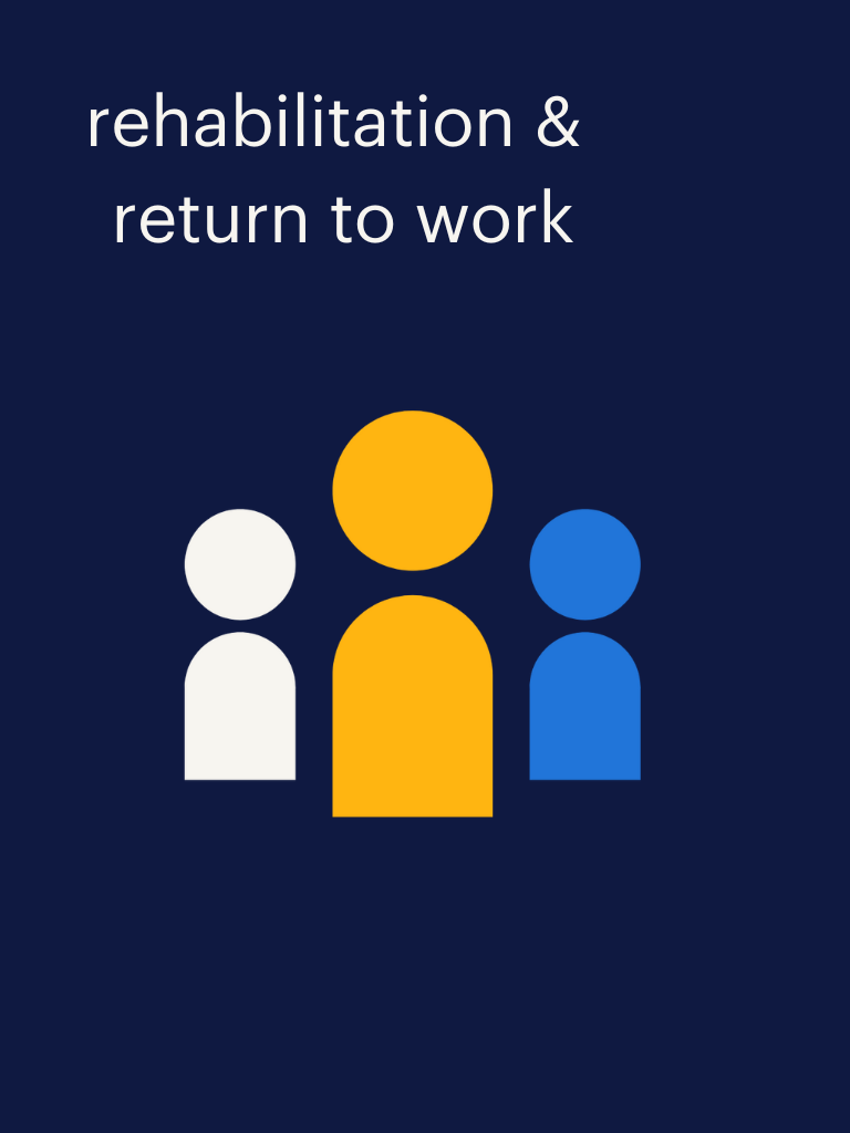 dark navy background, three illustrated people, with a description of rehabilitation and return to work