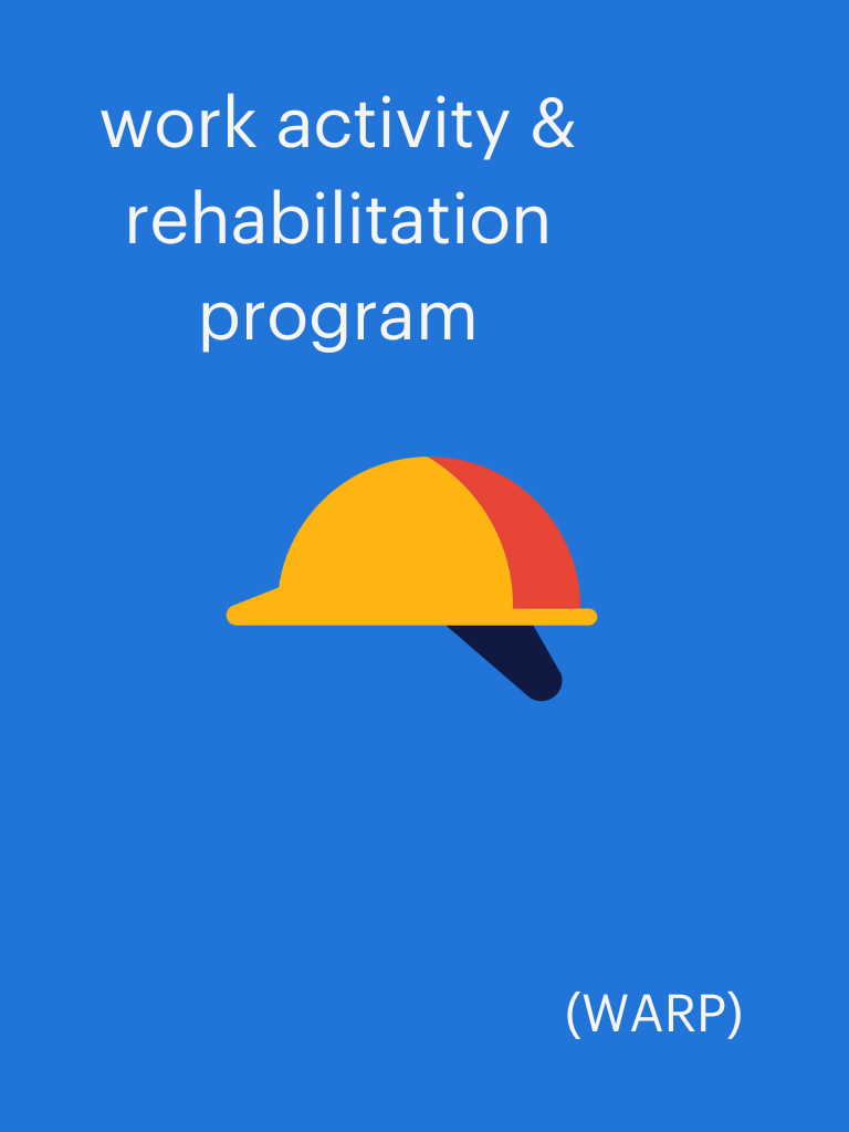 a blue background with a construction helmet and a description of work activity and work rehabilitation program