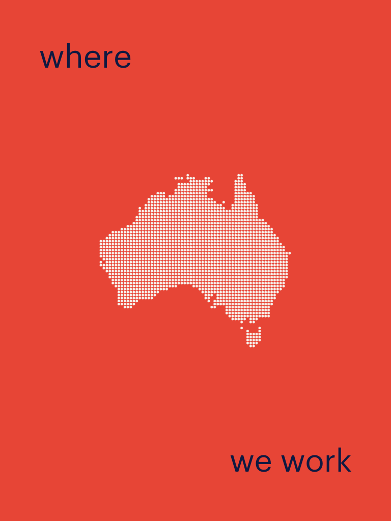 red background, an illustration of an Australian map with a description of where we work