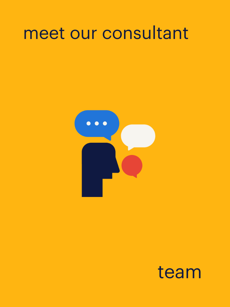 yellow background and an illustration of a person talking with a description of meet our consultant team