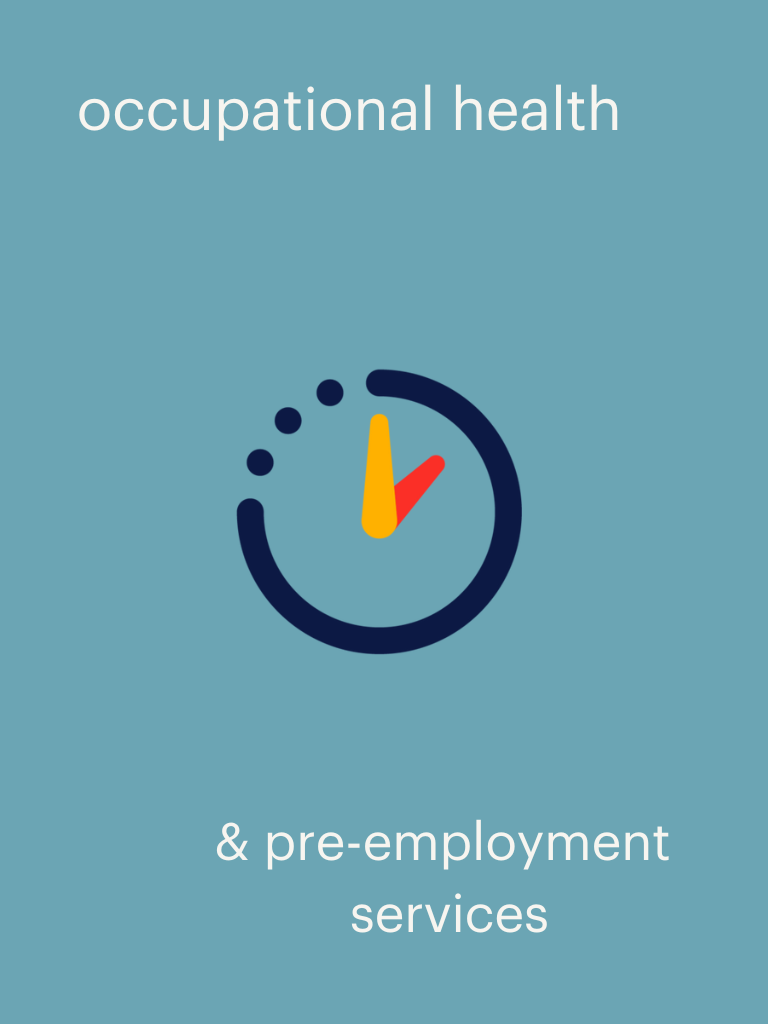 turqoise background with "occupational health and pre employment services" in-text with an animated clock in the middle 