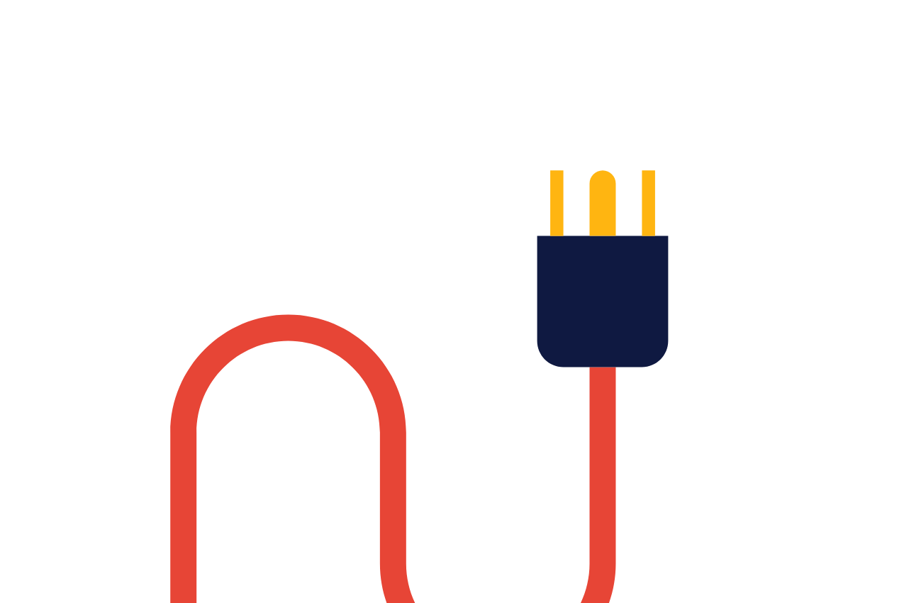 an illustration of a plug in red, yellow and navy