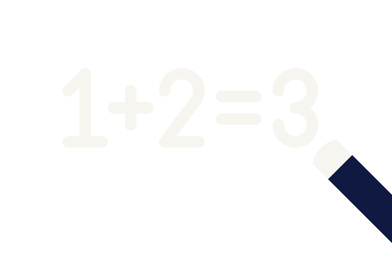 numerical depiction of one plus two equals three