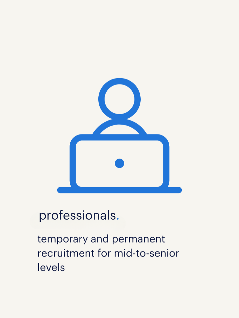 an illustration of a person typing on his laptop with text saying professionals, temporary and permanent recruitment for mid-to-senior levels