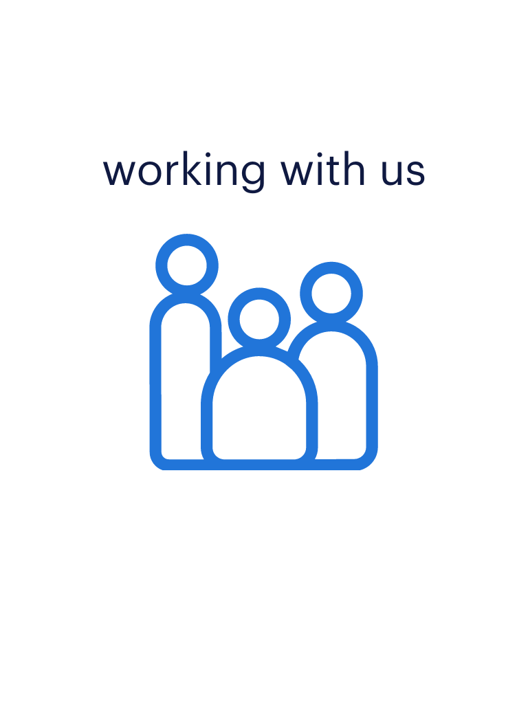 an image of three people with text saying working with us
