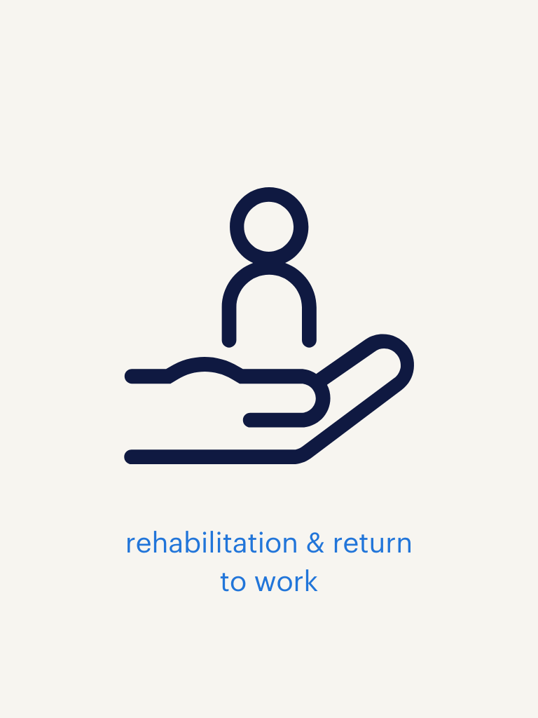 an image of a person in a hand with text saying rehabilitation & return to work
