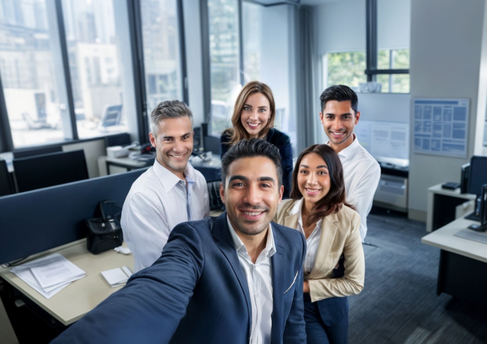 an image of coworkers in business suits smiling at the camera