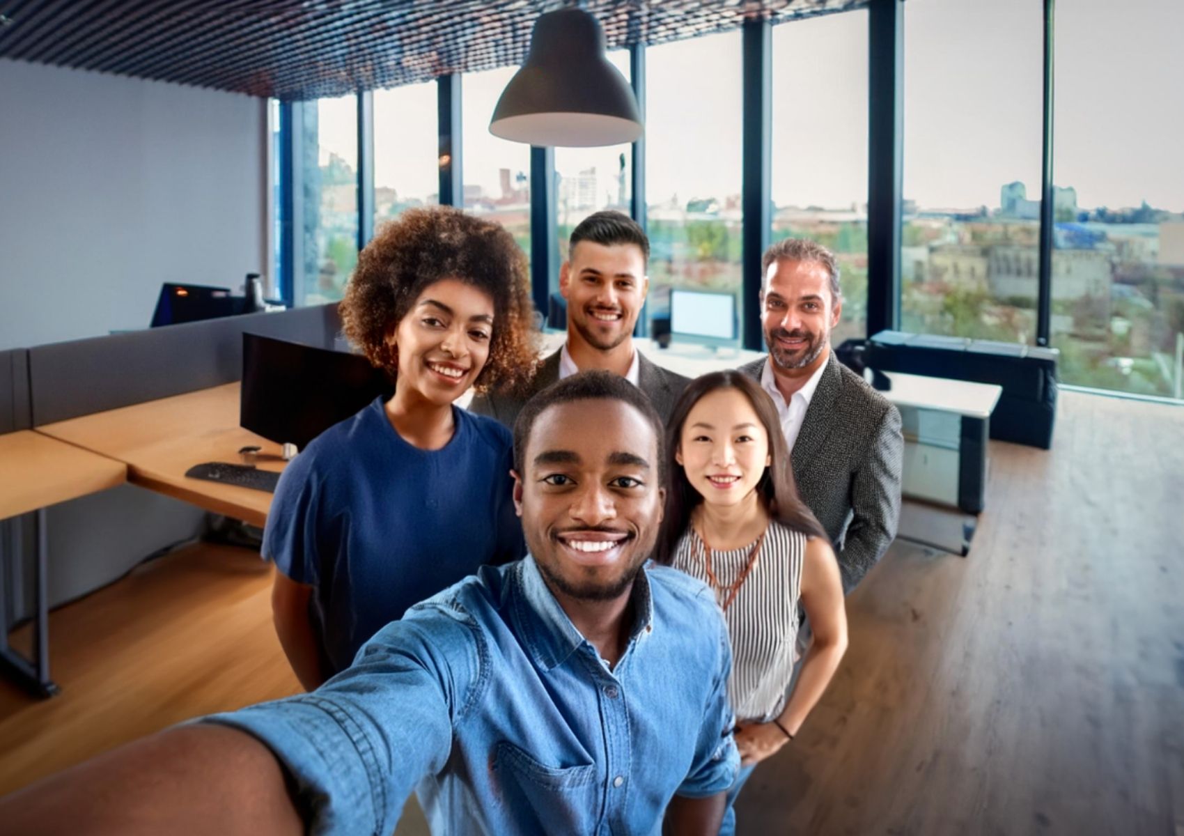 an image of coworkers smiling and posing for the camera in a casual office setting
