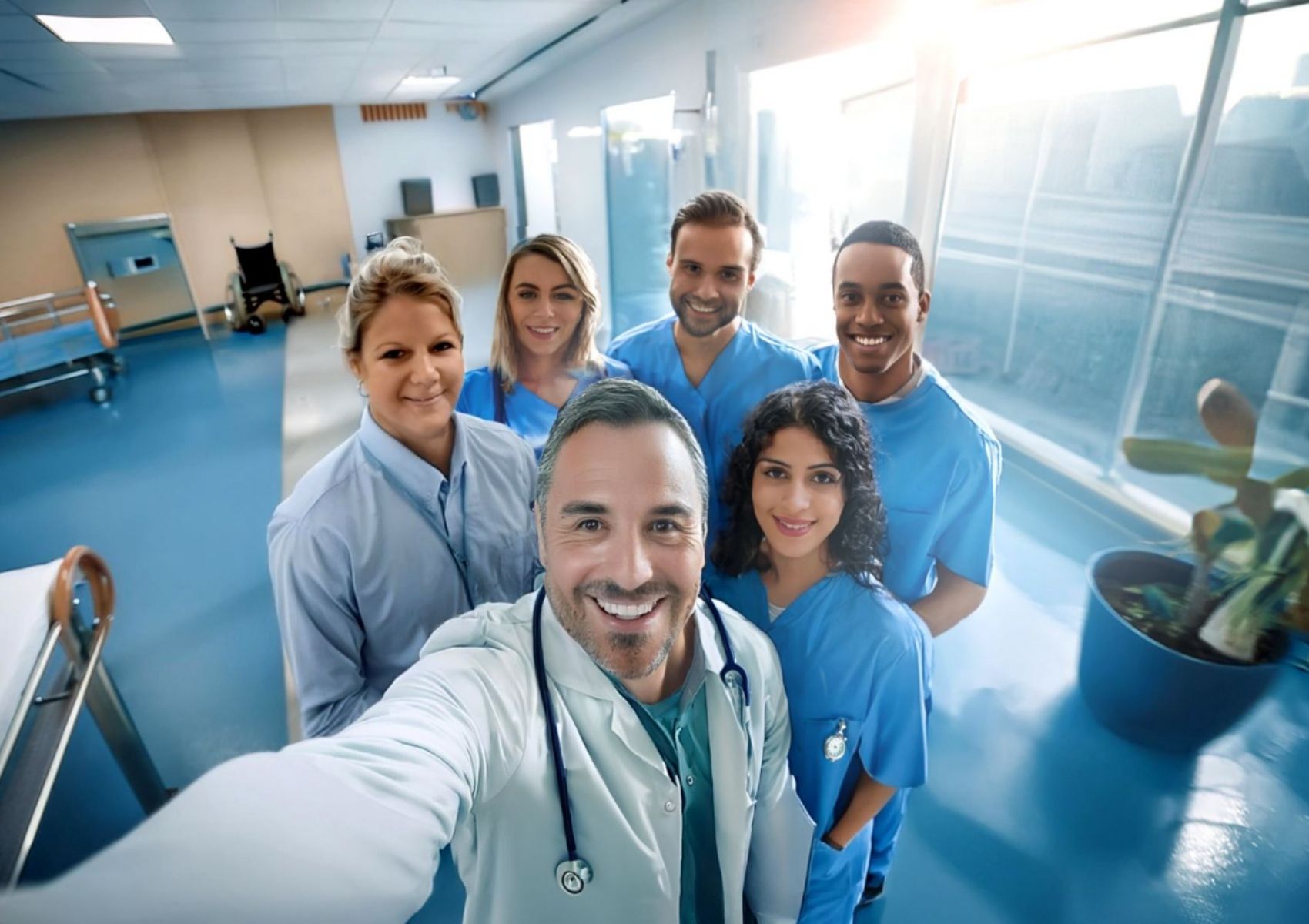 an image of doctors and nurses smiling at the camera