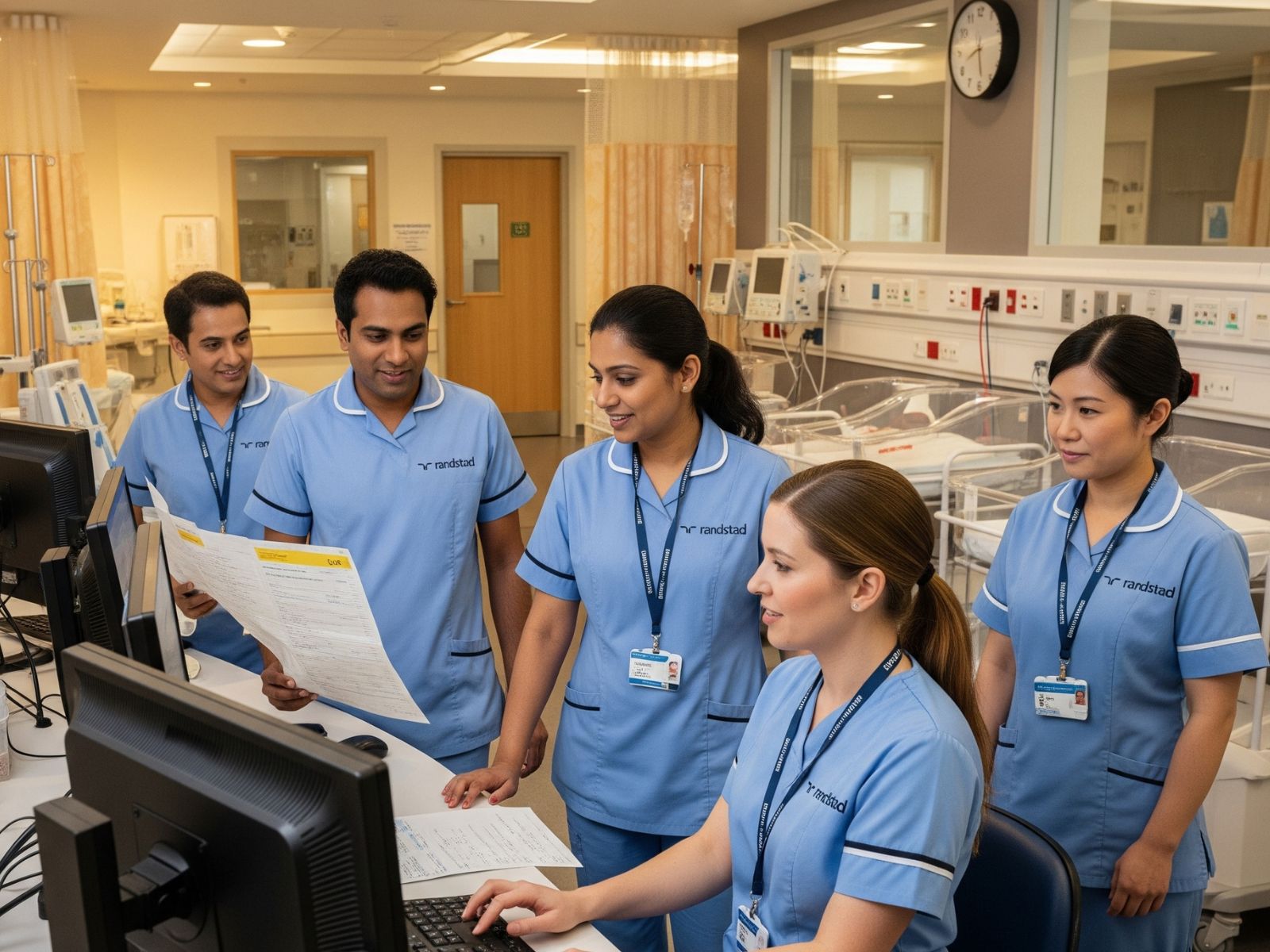 Group of nurses in Randstad uniforms in a hospital setting. They are looking at patient charts, some are seated and some are standing