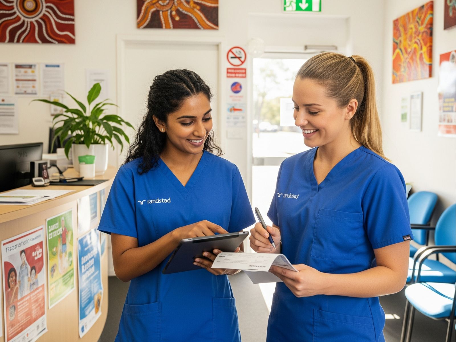 two smiling healthcare professionals wearing scrubs in a reception waiting area. One is looking at an ipad and the other has a pen and papers in her hands.