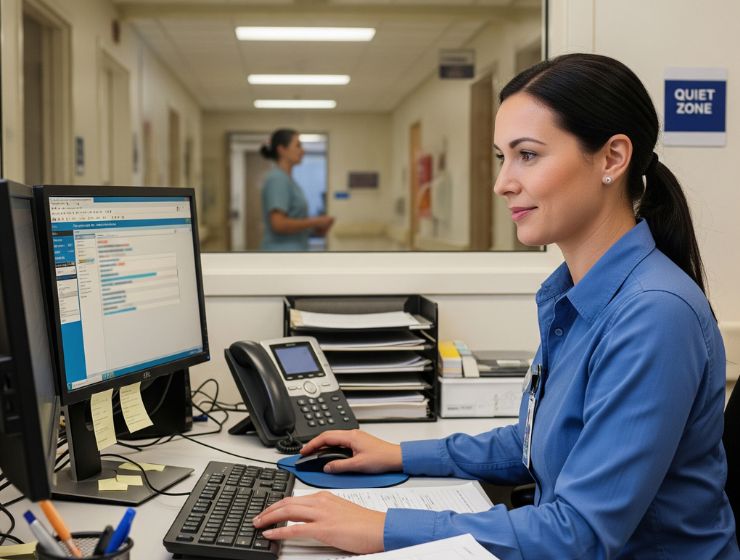 manager sitting at a desk in a hospital reception area working on her computer