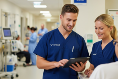 an image of two nurses looking at a clipboard
