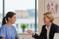 an illustration of two women in the healthcare talking
