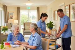 three aged care professionals working in an aged care facility with a patient