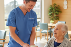 an image of a male nurse helping an old woman