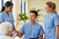 an image of aged care nurses talking to an elderly woman