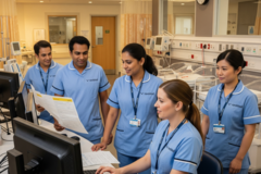 an image of nurses looking at something at a computer smiling
