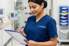 an image of a nurse writing on a clipboard