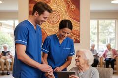 an image of two aged care nurses talking and smiling with an elderly woman