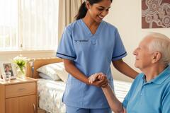 an image of a nurse helping an elderly person while smiling