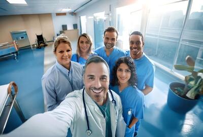 an image of doctors and nurses smiling at the camera