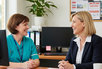 an image of two women in the aged care industry talking and smiling