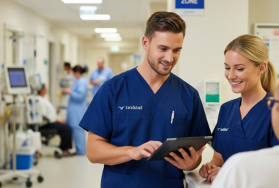 an image of two nurses looking at a clipboard
