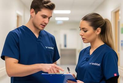 a male and female nurse in a hospital reviewing a patient chart