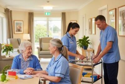 three aged care professionals working in an aged care facility with a patient