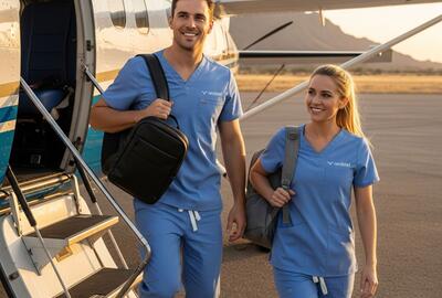 two travel nurses wearing scrubs exiting a small plane in a rural location