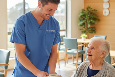 an image of a male nurse helping an old woman