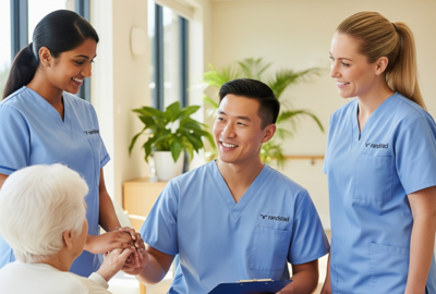 an image of aged care nurses talking to an elderly woman