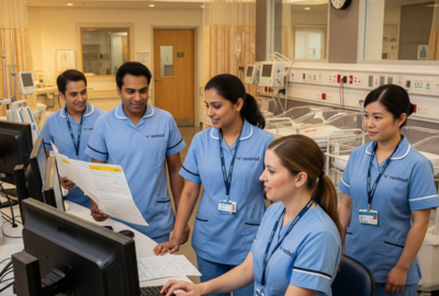 an image of nurses looking at something at a computer smiling