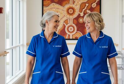 an image of two aged care nurses smiling at each other