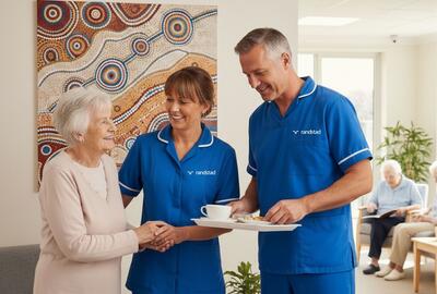 two aged care workers smiling with an older lady