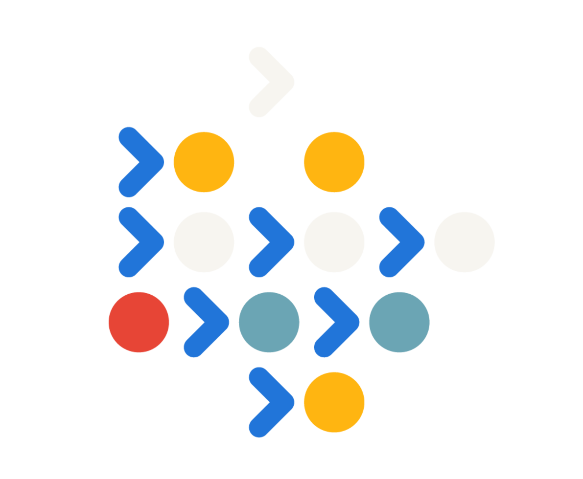 an illustration of blue, red, yellow, white and turquoise connecting dots and arrows