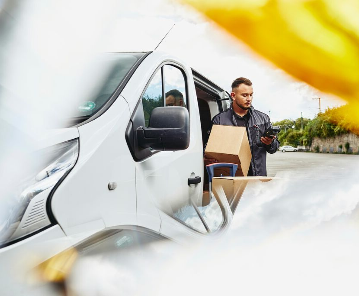 A photo of a man driving a van off to deliver packages