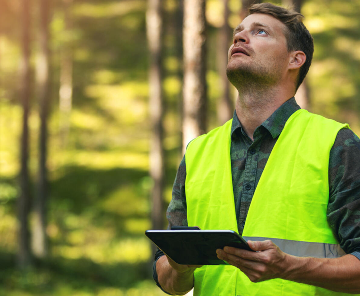 Man in a reflective construction vest and a clipboard looking up