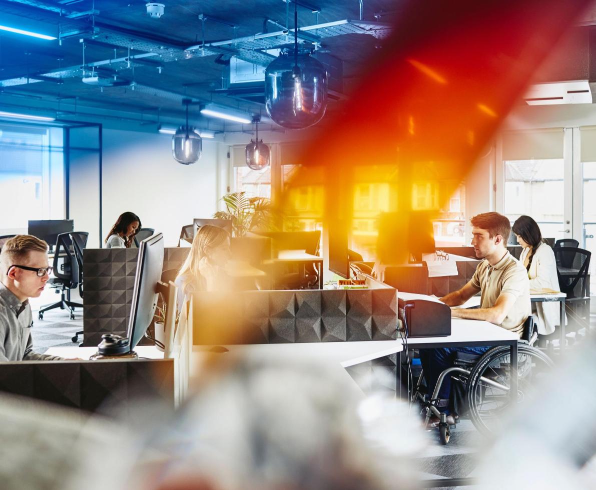 Corporate office with employees seated